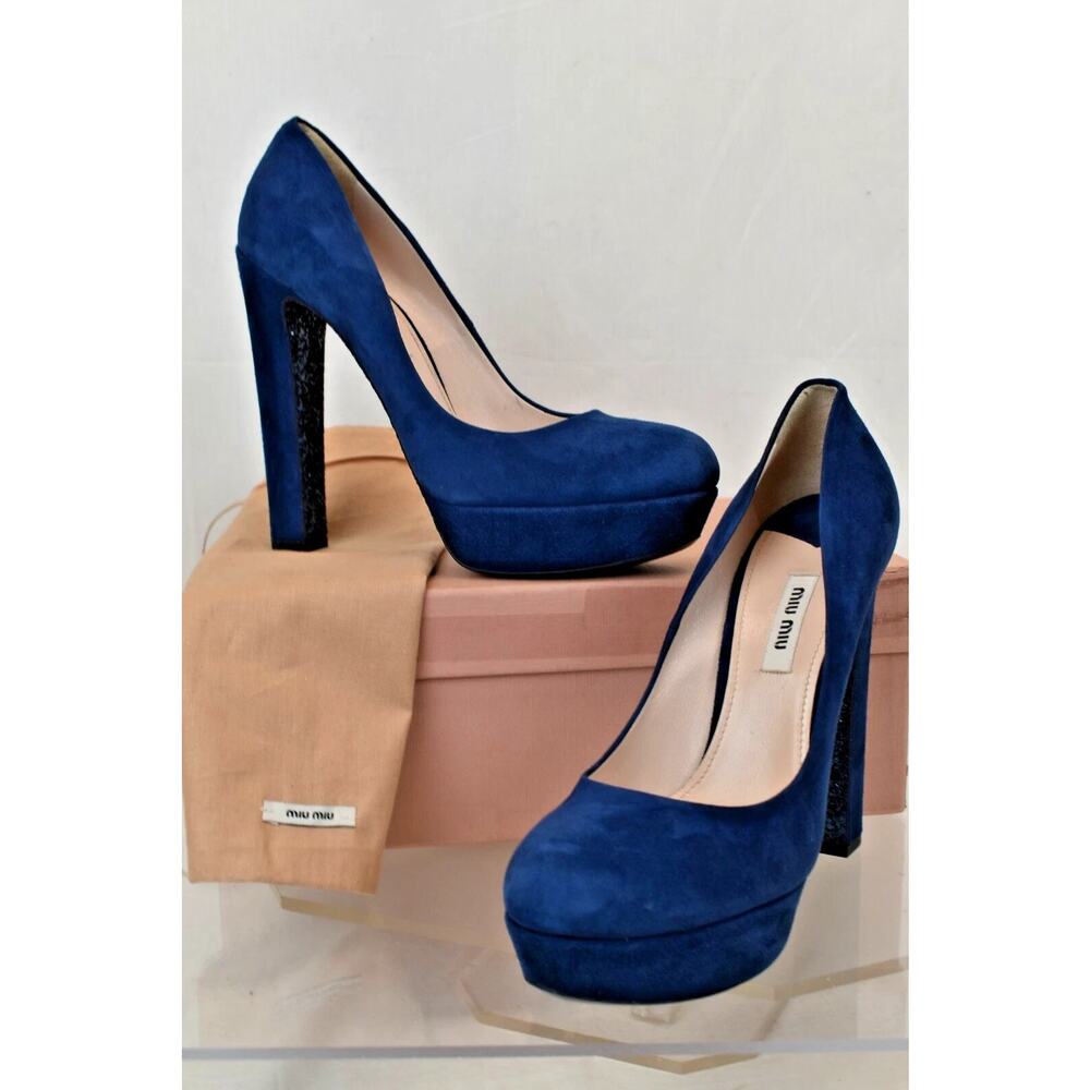 NIB MIU MIU PRADA BLUE SUEDE GLITTER SOLE 5IP266 PLATFORM PUMPS 41 ITALY
